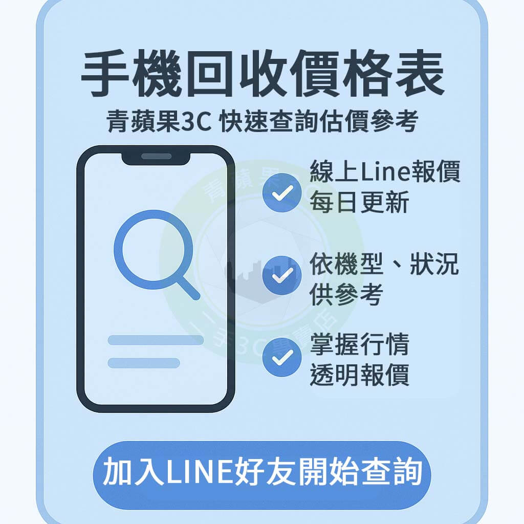 查詢最新手機回收價格表,包含 iPhone、Samsung、Google Pixel 等熱門品牌,每日更新回收價區間,青蘋果3C提供即時估價與行情參考。