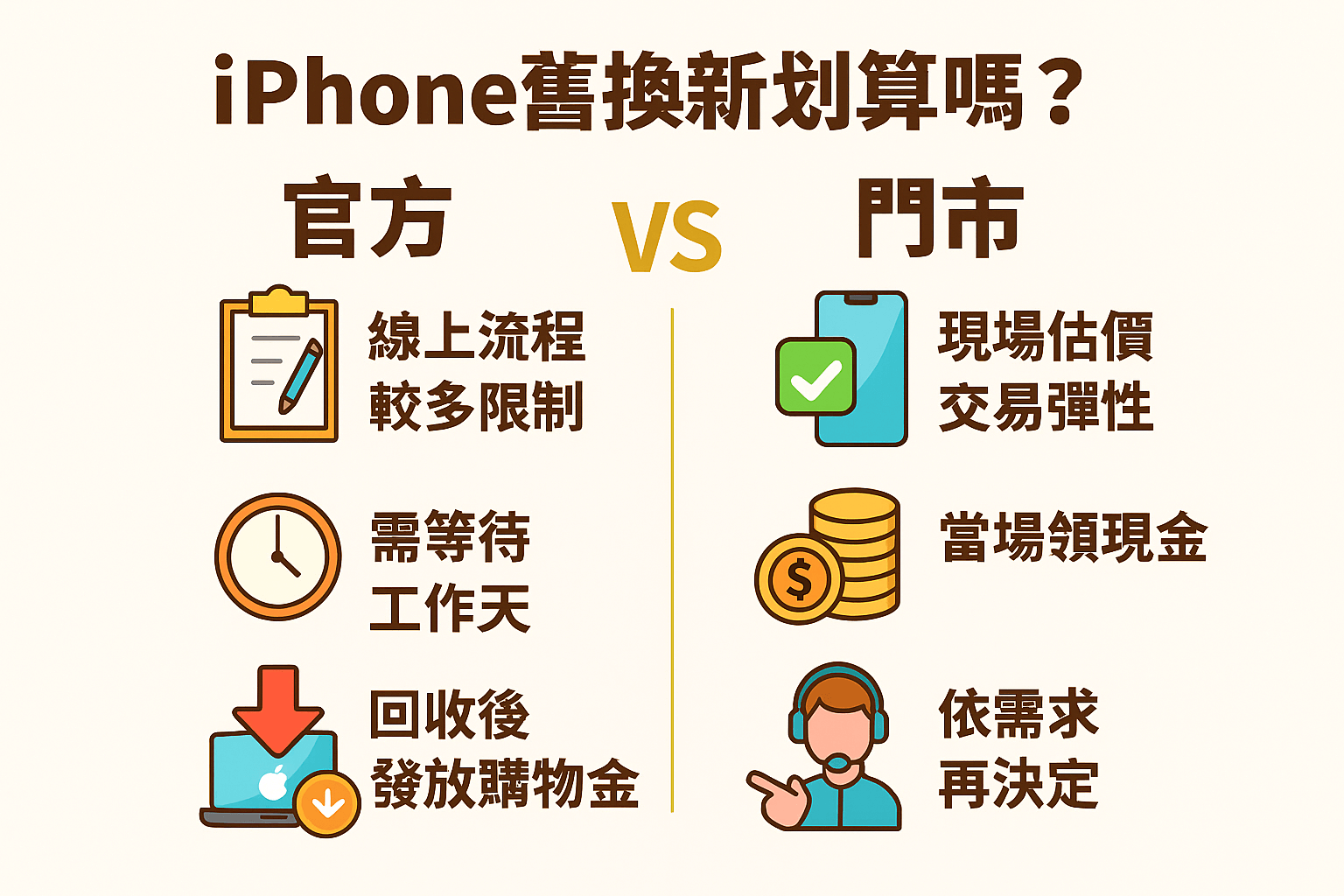 iPhone 舊換新官方與門市流程比較圖，分析現場成交與回購金差異